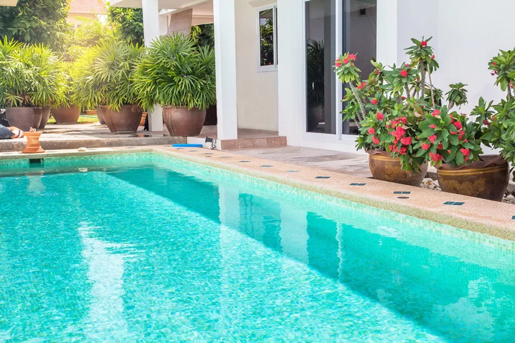 A bright green backyard California swimming pool, surrounded by potted flowers and plants