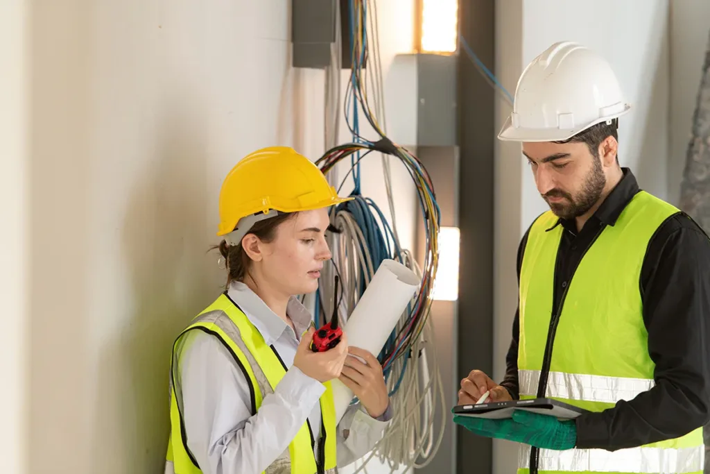 Two electrical contractors wearing hard hats, completing a commercial project for a business