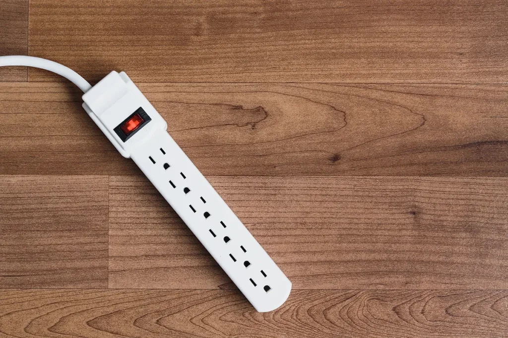 A white electrical power strip against a hardwood floor background