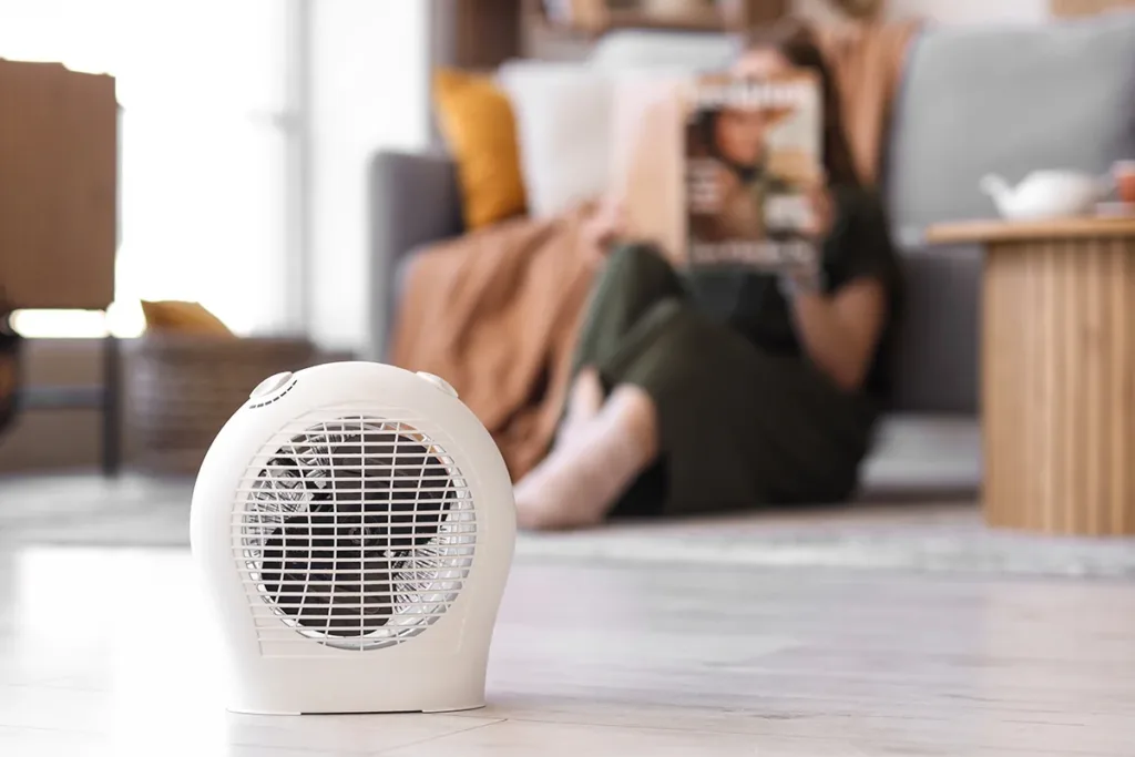 A small white space heater on a living room floor, showing the concept of using space heaters responsibly during the holidays.